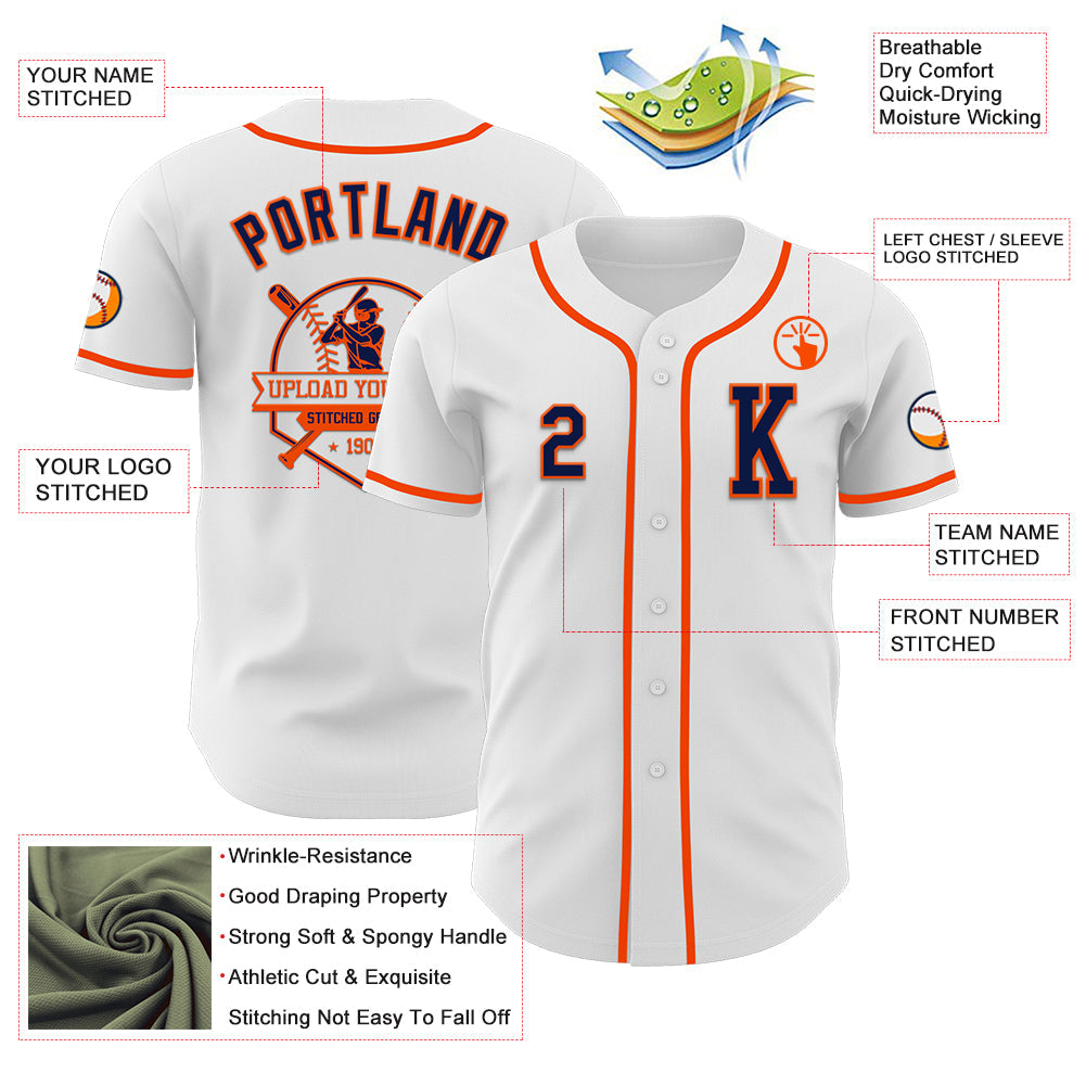 Custom White Navy-Orange Authentic Baseball Jersey
