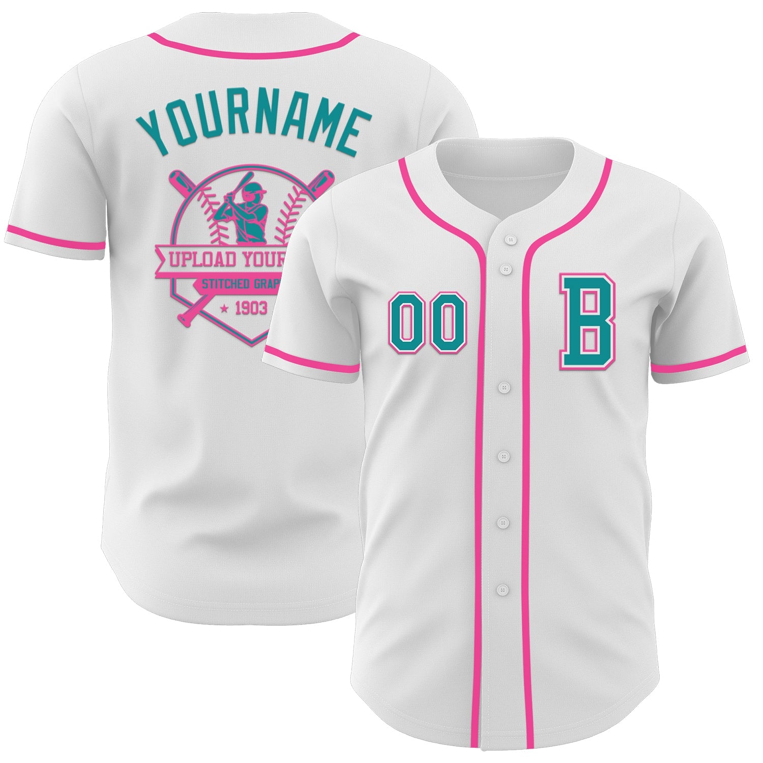 Custom White Teal-Pink Authentic Baseball Jersey