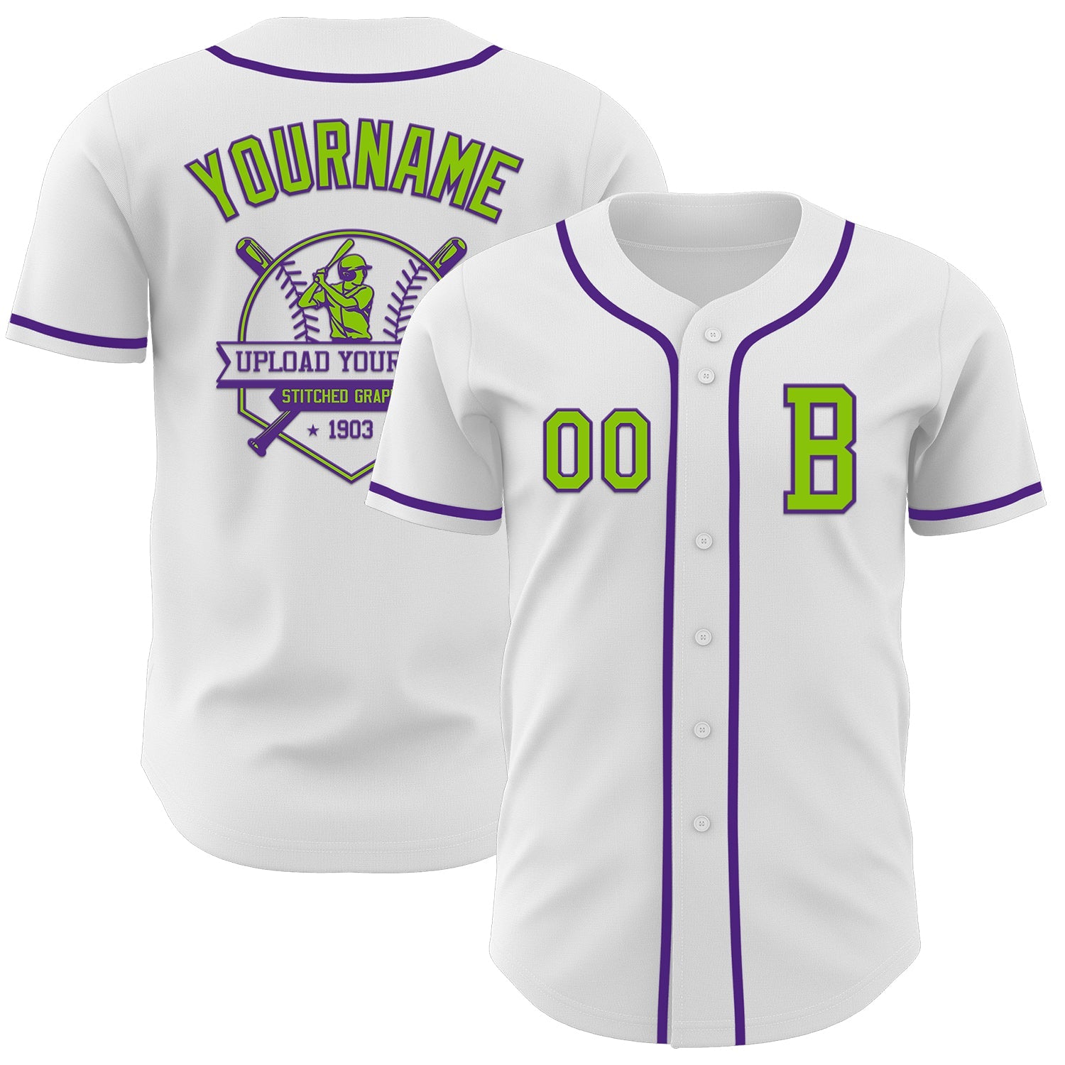 Custom White Neon Green-Purple Authentic Baseball Jersey