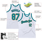 Custom White Teal Black-Old Gold Authentic Throwback Basketball Jersey