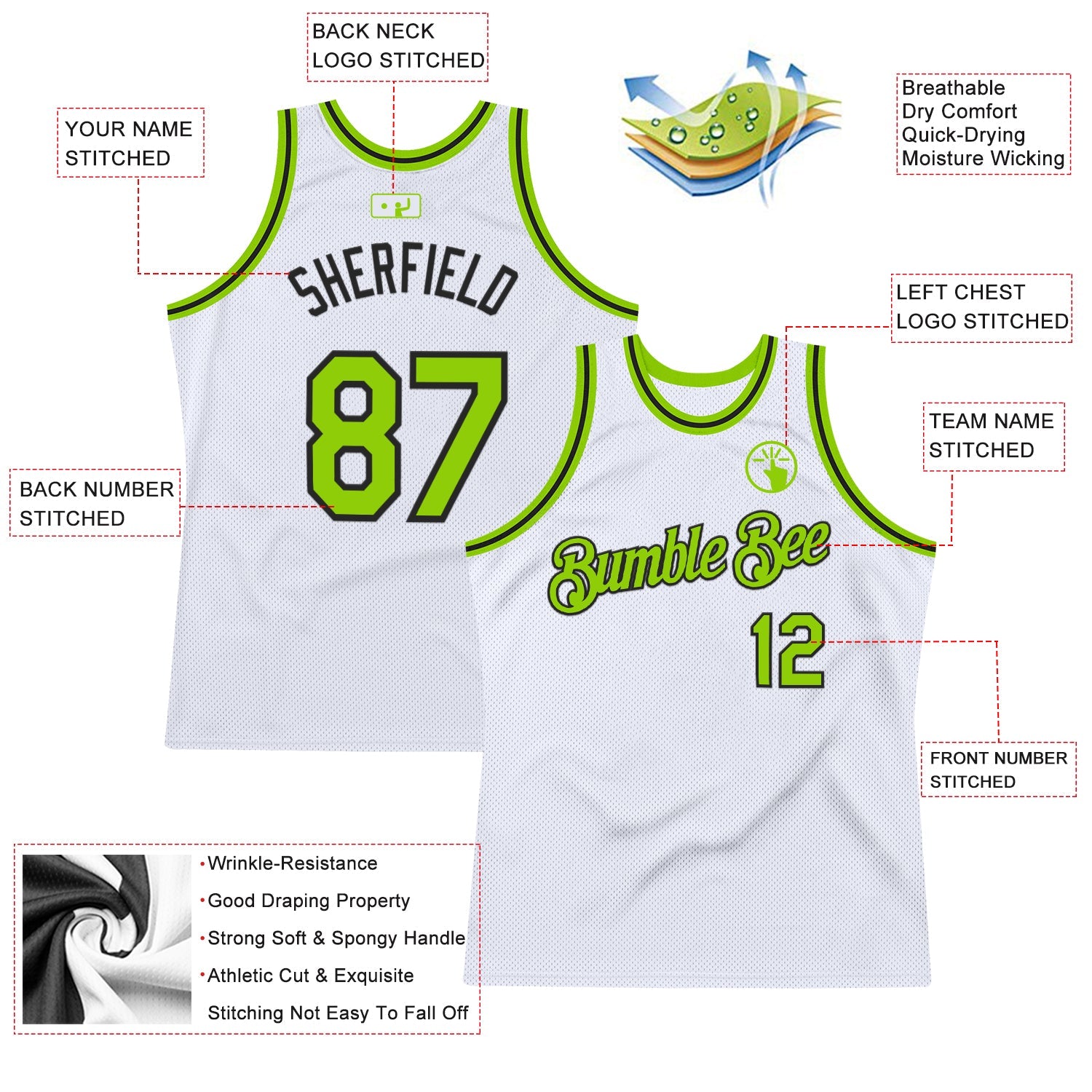 Custom White Neon Green-Black Authentic Throwback Basketball Jersey