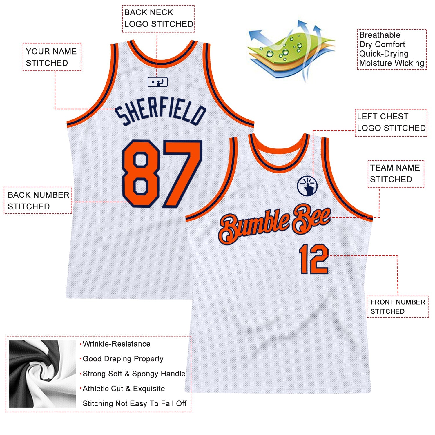 Custom White Orange-Navy Authentic Throwback Basketball Jersey
