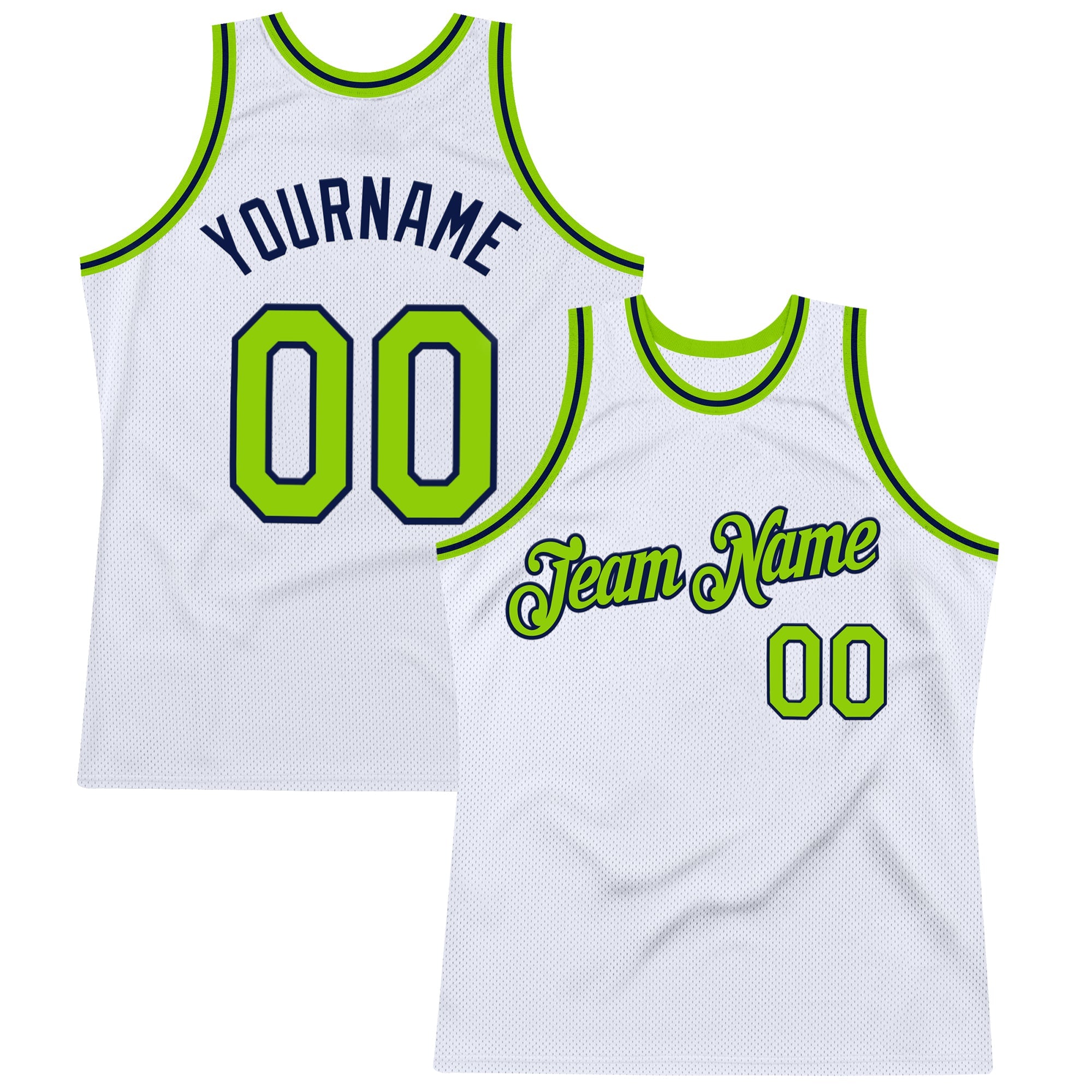 Custom White Neon Green-Navy Authentic Throwback Basketball Jersey