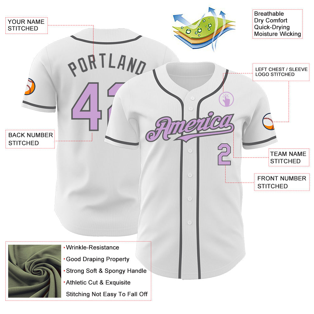 Custom White Light Purple-Steel Gray Authentic Baseball Jersey