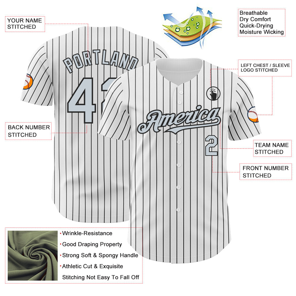 Custom White Black Pinstripe Silver Authentic Baseball Jersey