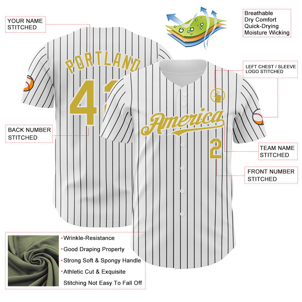 Custom White Black Pinstripe Old Gold Authentic Baseball Jersey