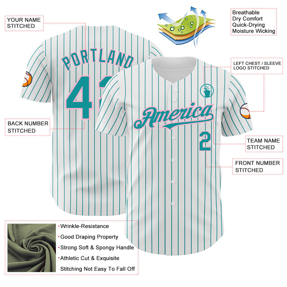 Custom White Teal Pinstripe Light Pink Authentic Baseball Jersey
