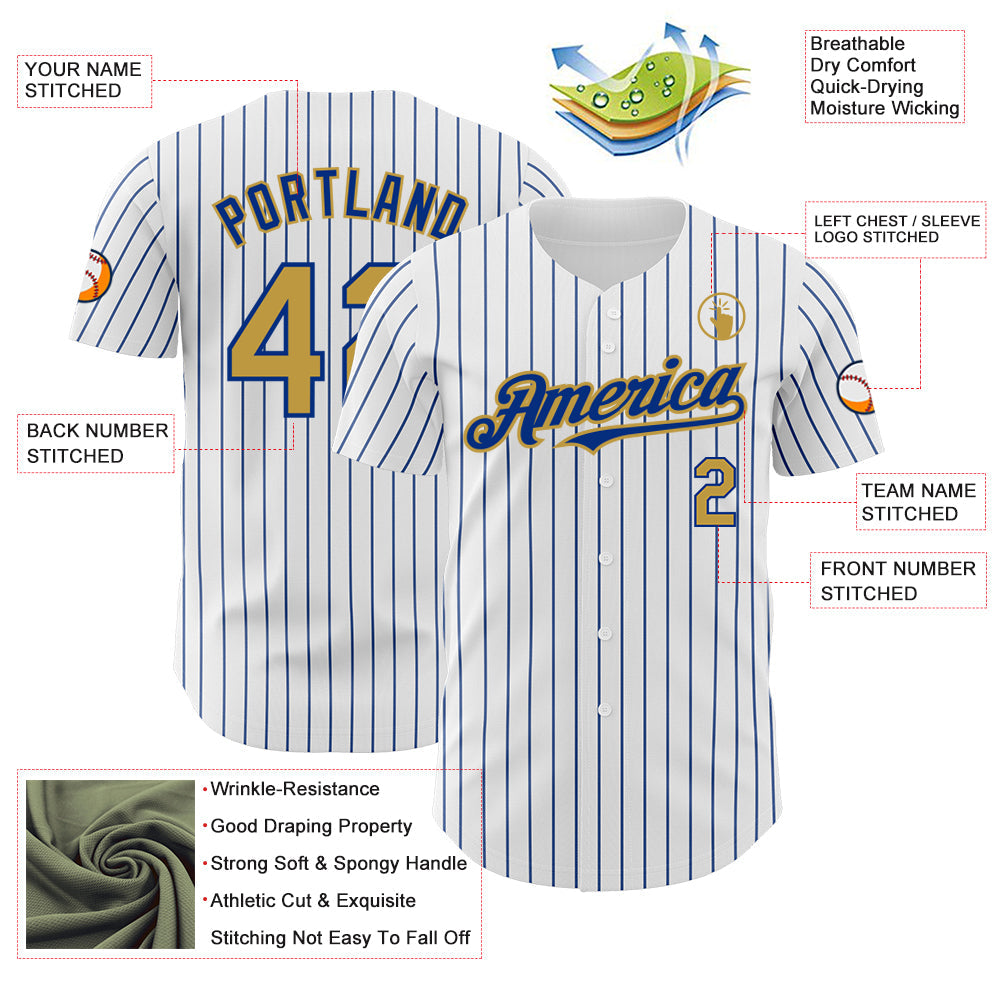 Custom White Royal Pinstripe Old Gold Authentic Baseball Jersey