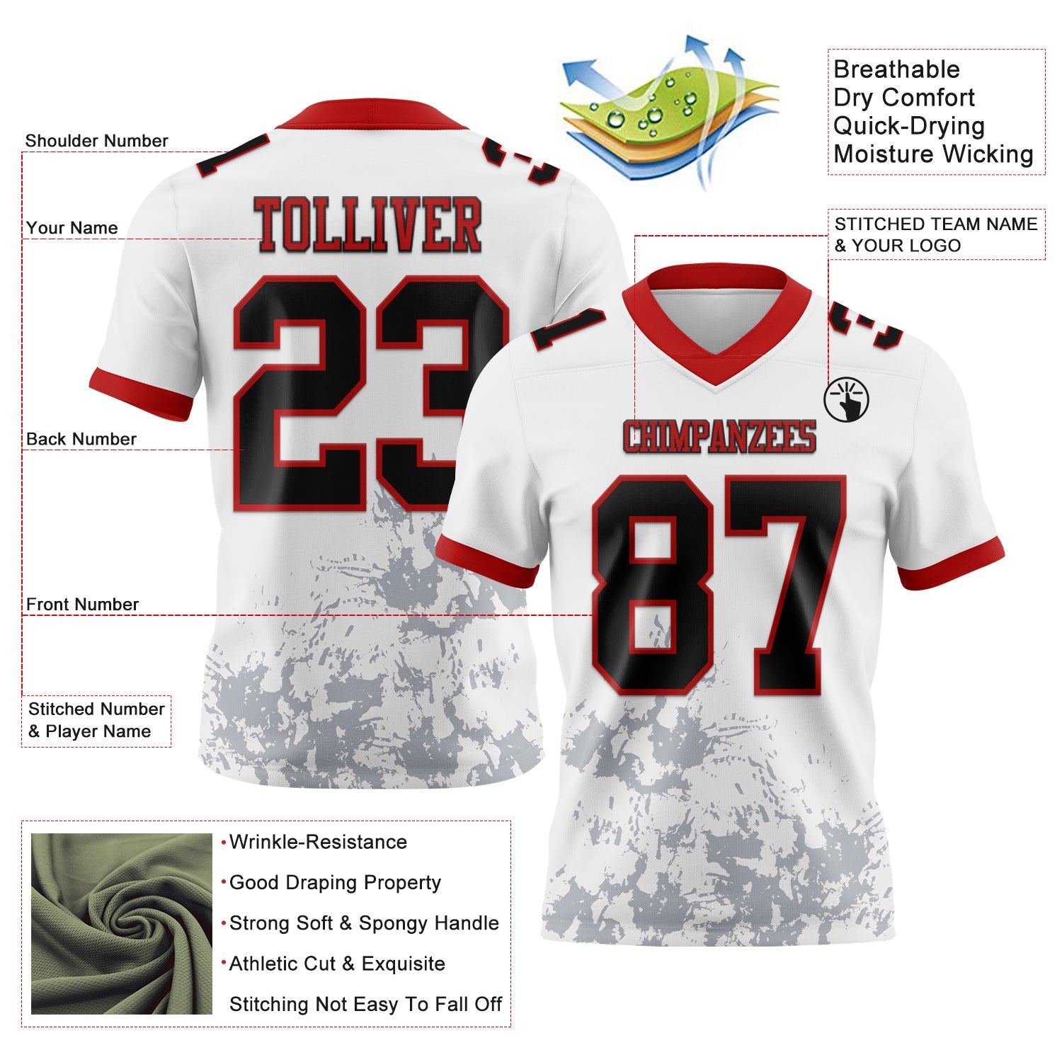 Custom White Black Gray-Red 3D Pattern Splash Authentic Football Jersey