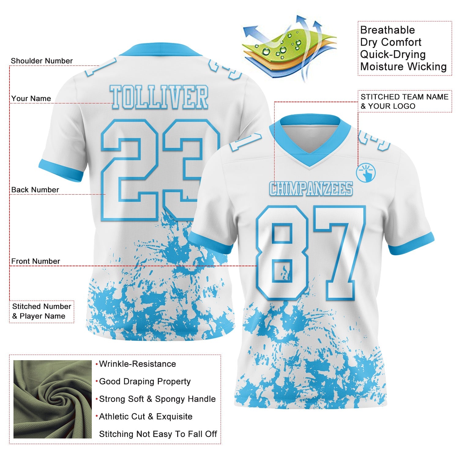 Custom White Sky Blue 3D Pattern Splash Authentic Football Jersey