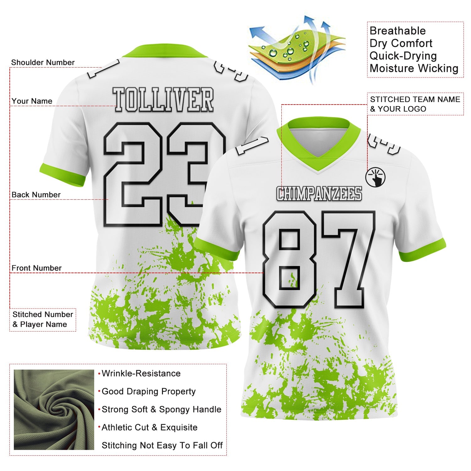 Custom White Neon Green-Black 3D Pattern Splash Authentic Football Jersey