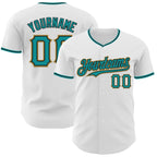 Custom White Teal Black-Old Gold Authentic Baseball Jersey