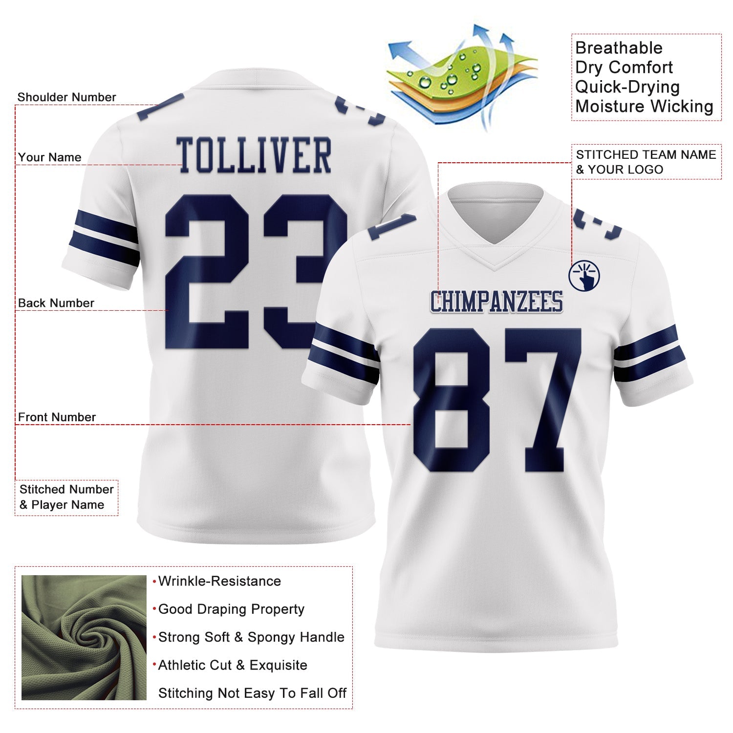 Custom White Navy Authentic Football Jersey
