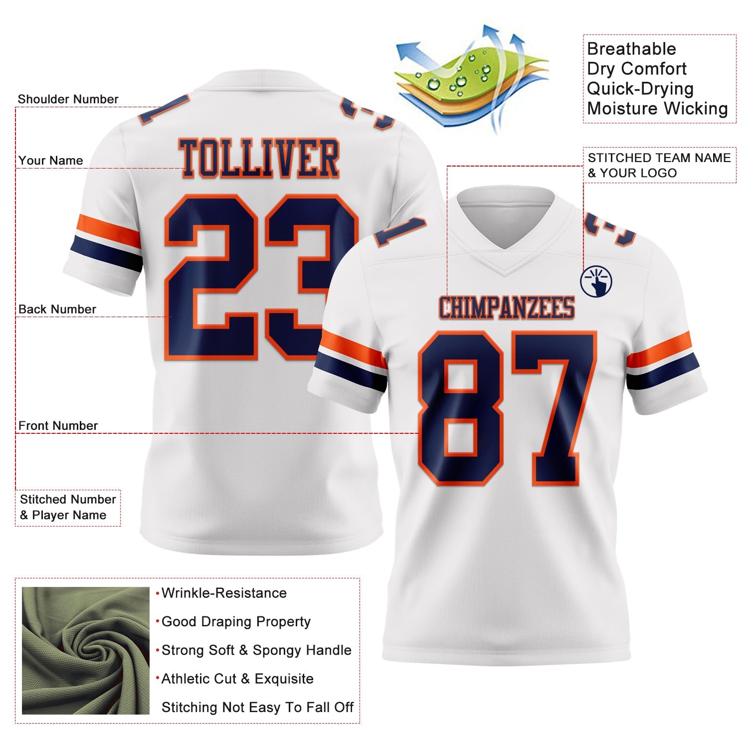 Custom White Navy-Orange Authentic Football Jersey
