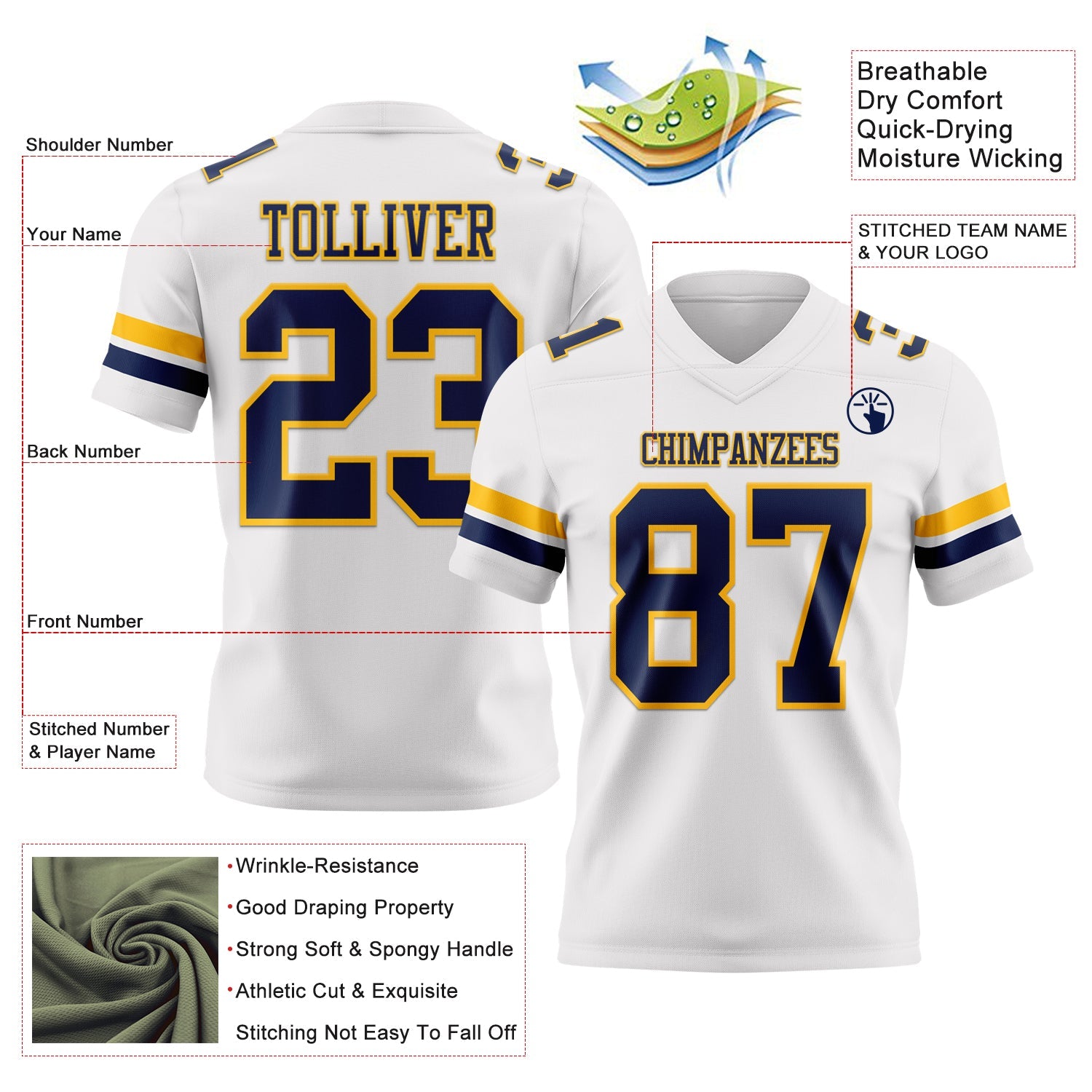 Custom White Navy-Gold Authentic Football Jersey