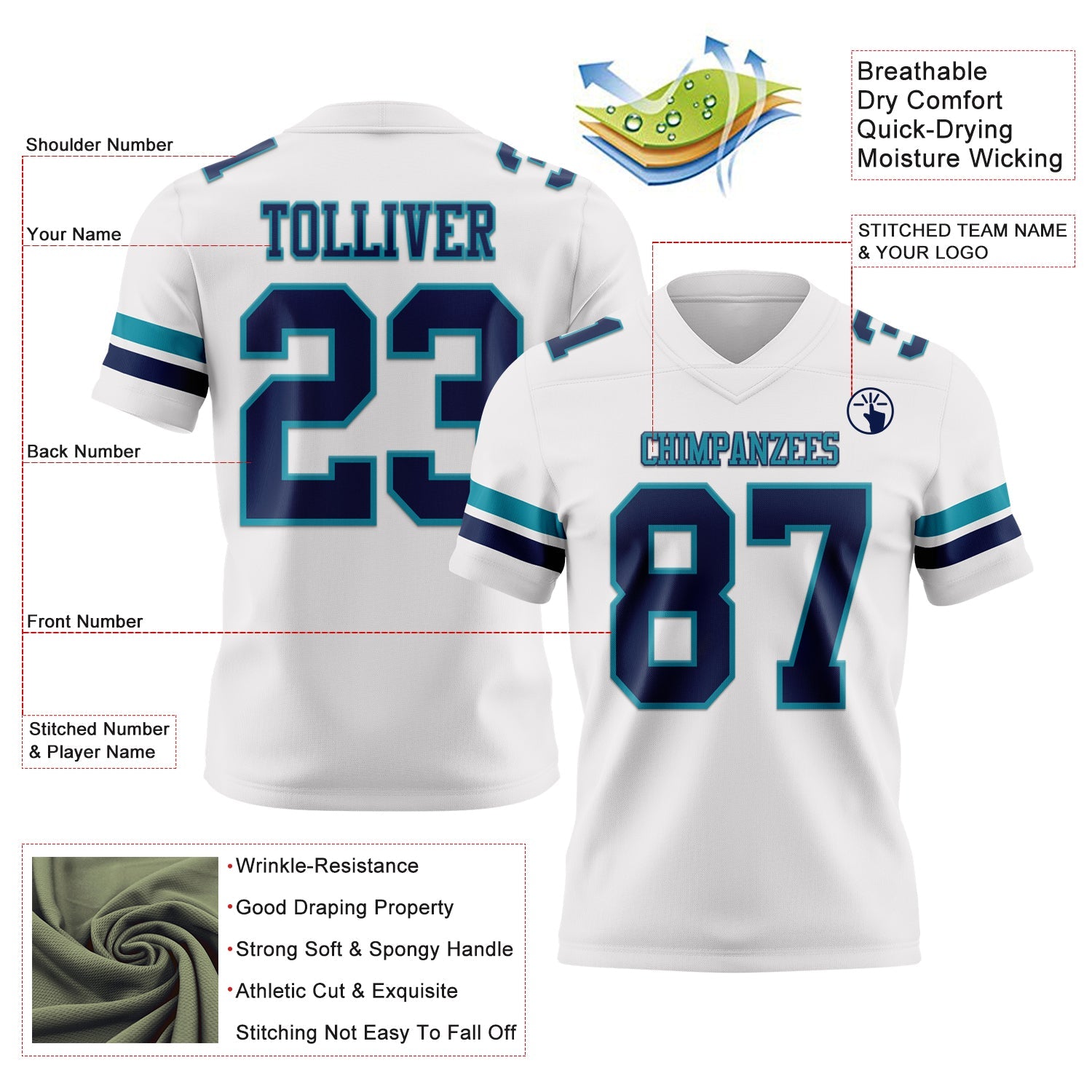 Custom White Navy-Teal Authentic Football Jersey