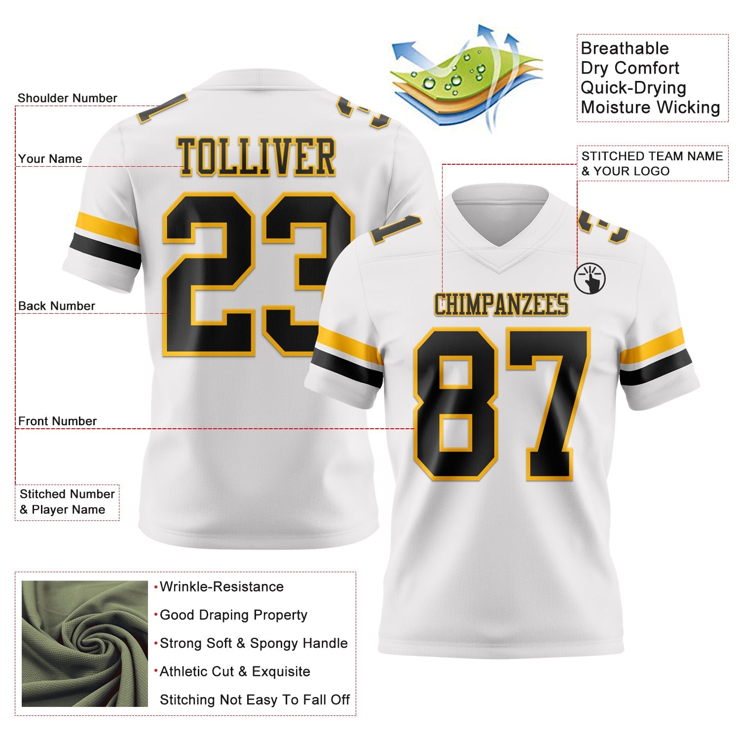 Custom White Black-Gold Authentic Football Jersey