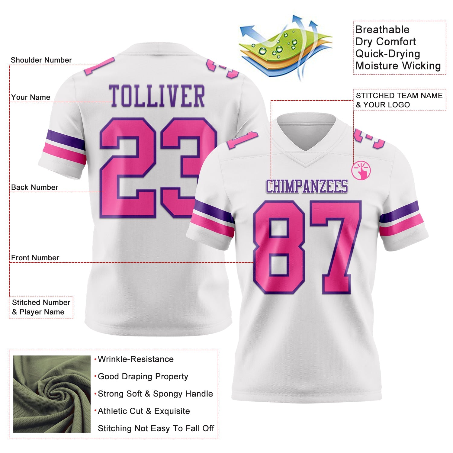 Custom White Pink-Purple Authentic Football Jersey
