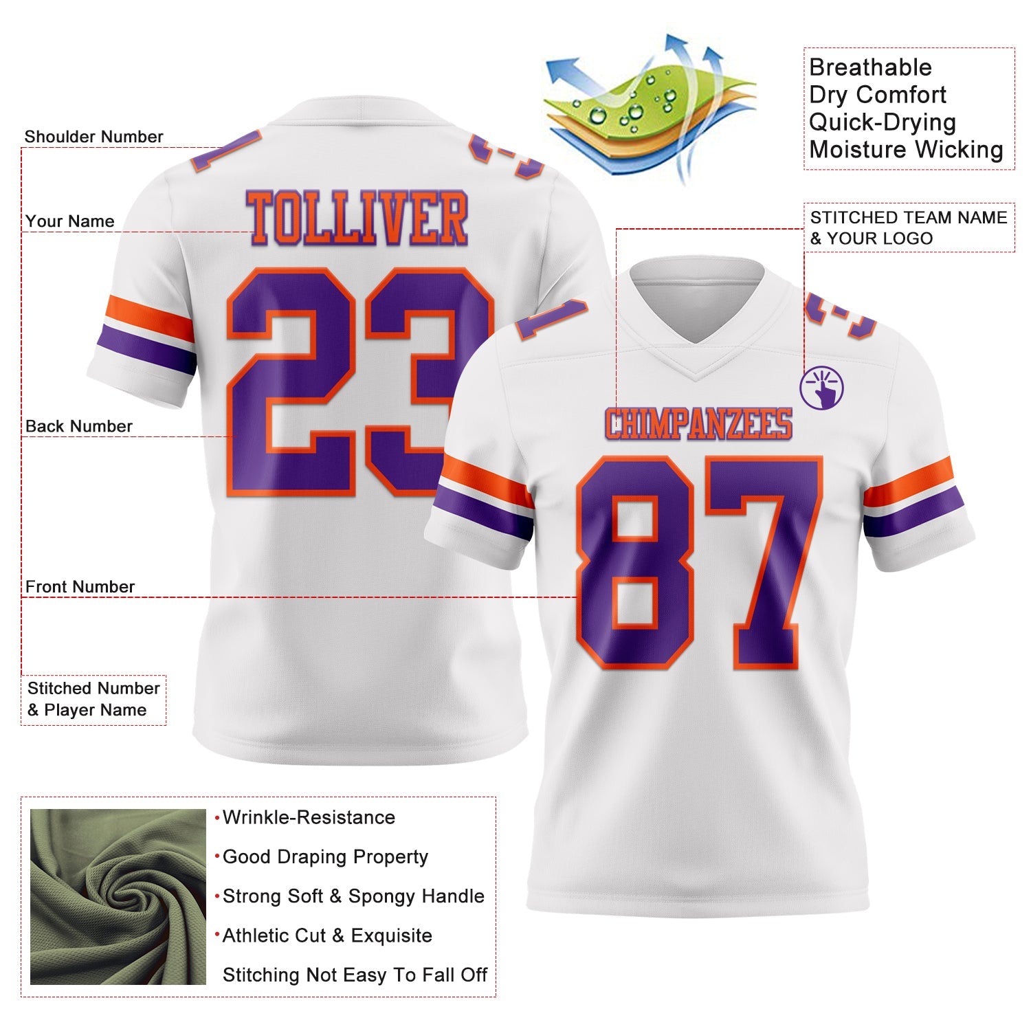 Custom White Purple-Orange Authentic Football Jersey