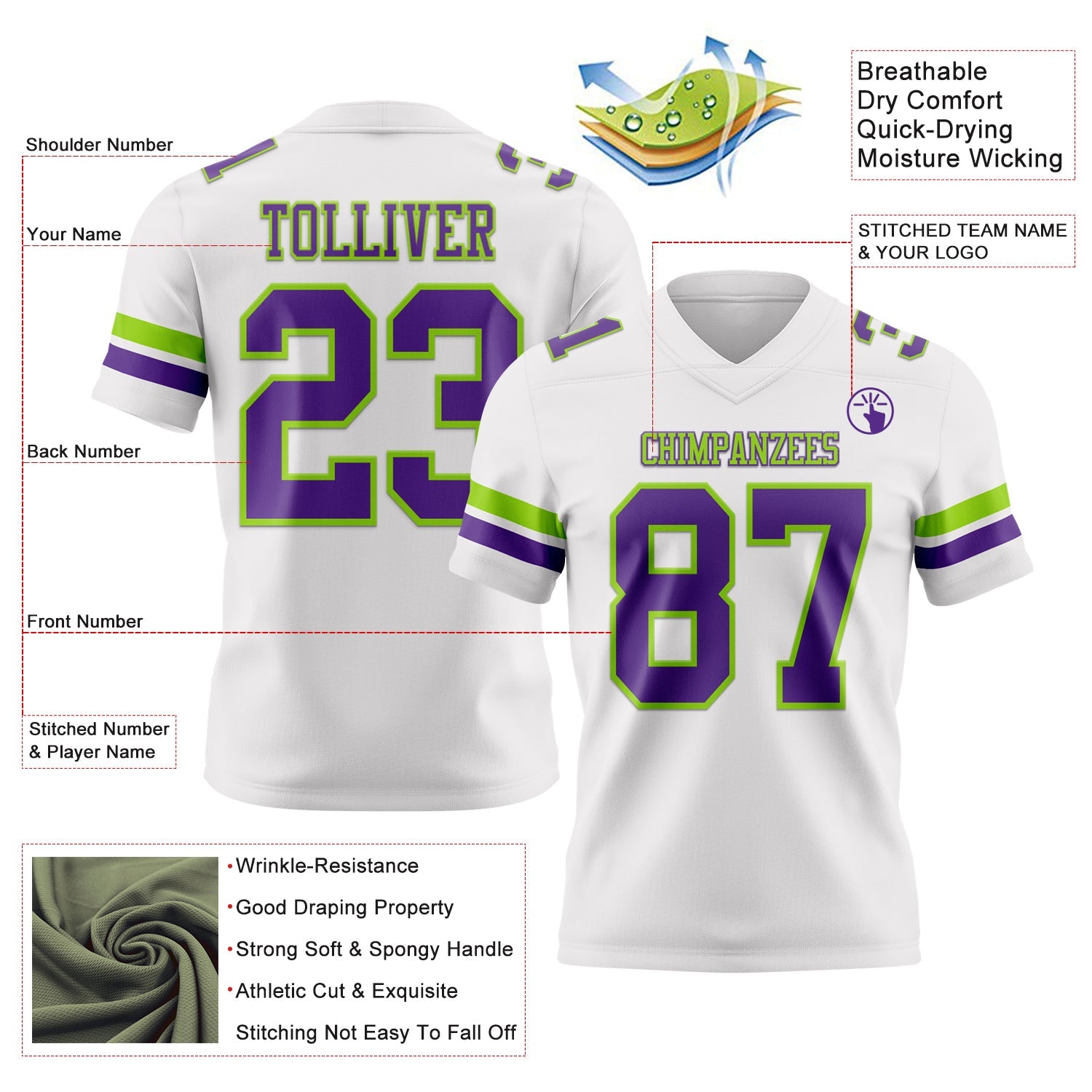 Custom White Purple-Neon Green Authentic Football Jersey
