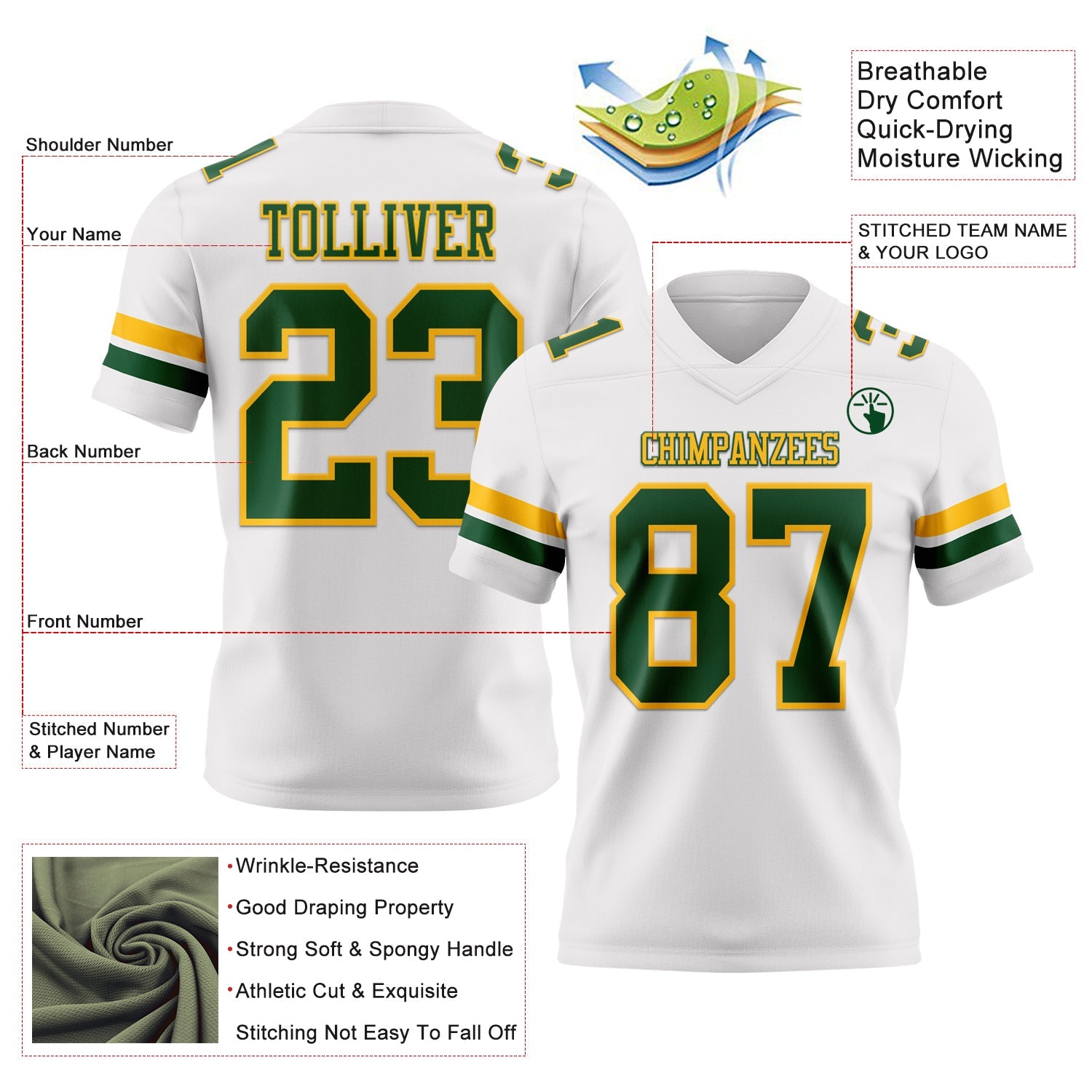Custom White Green-Gold Authentic Football Jersey