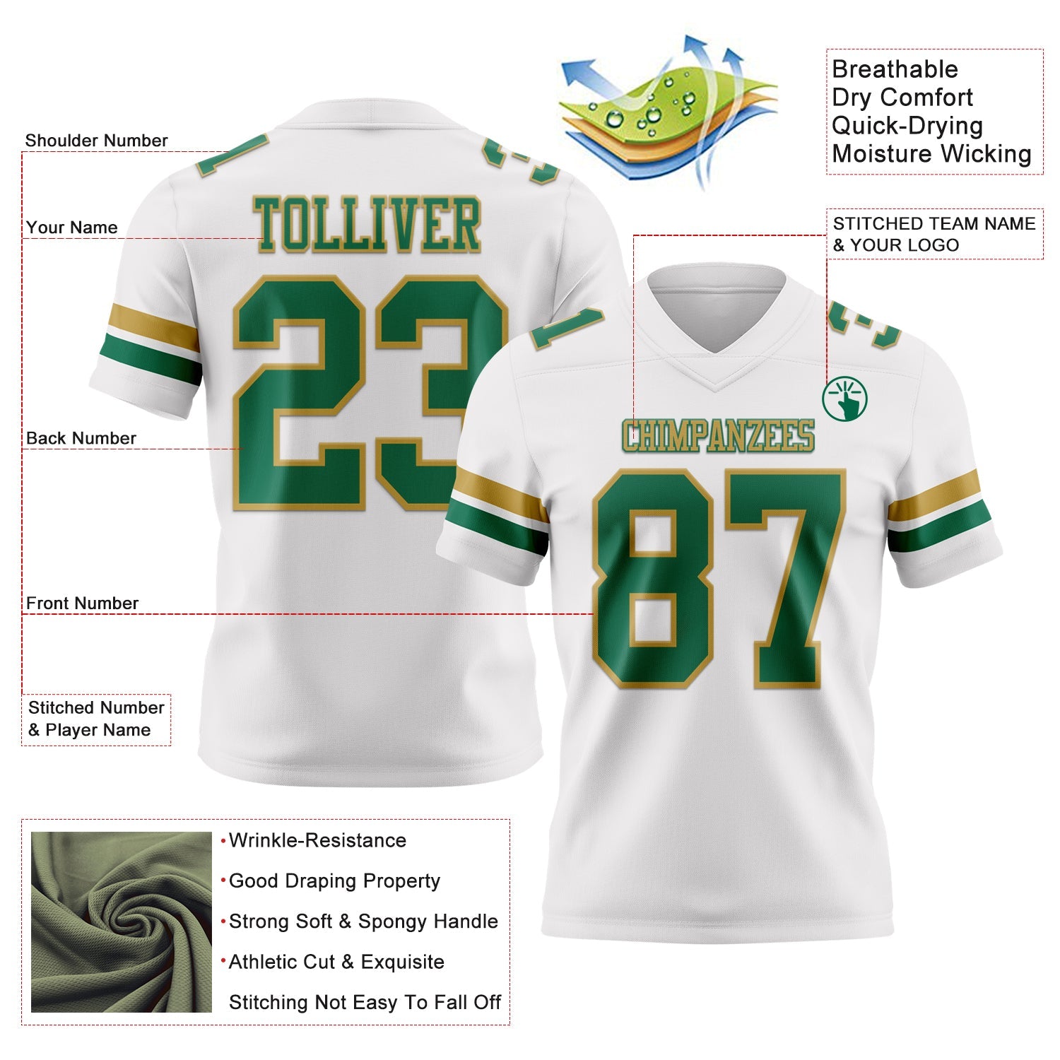 Custom White Kelly Green-Old Gold Authentic Football Jersey