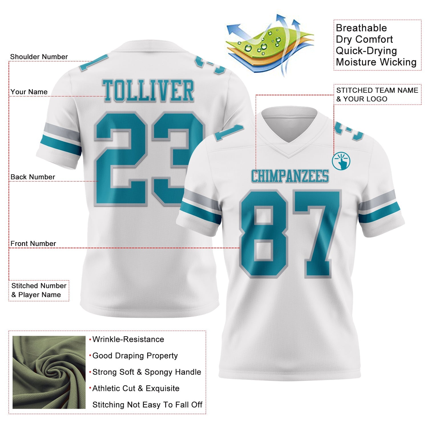 Custom White Teal-Gray Authentic Football Jersey
