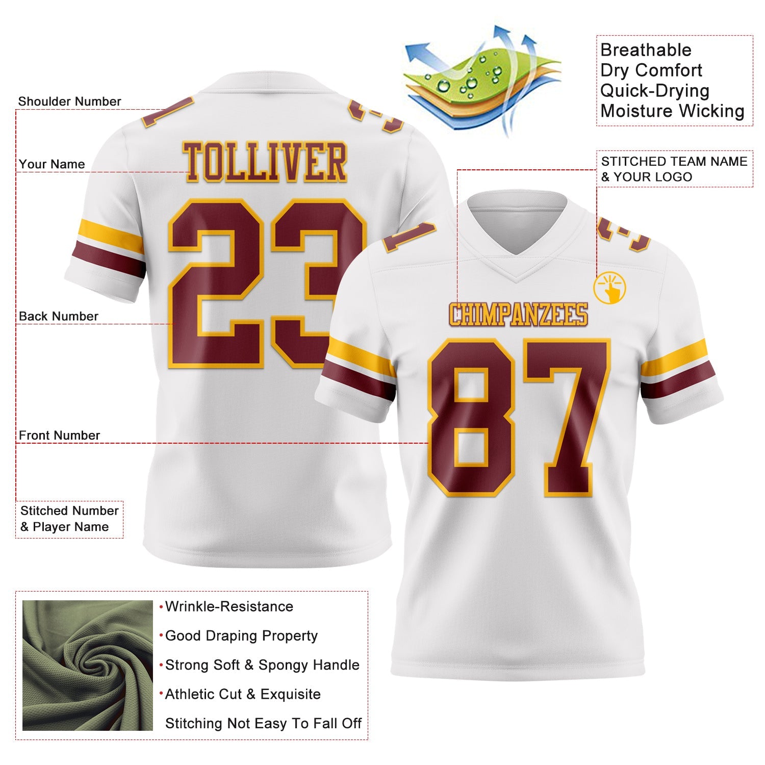 Custom White Burgundy-Gold Authentic Football Jersey