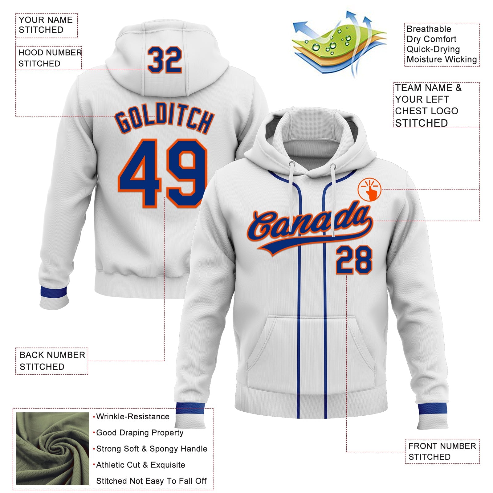 Custom Stitched White Royal-Orange Baseball Pullover Sweatshirt Hoodie