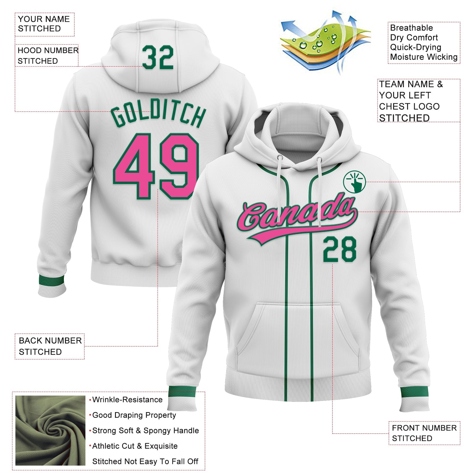 Custom Stitched White Pink-Kelly Green Baseball Pullover Sweatshirt Hoodie