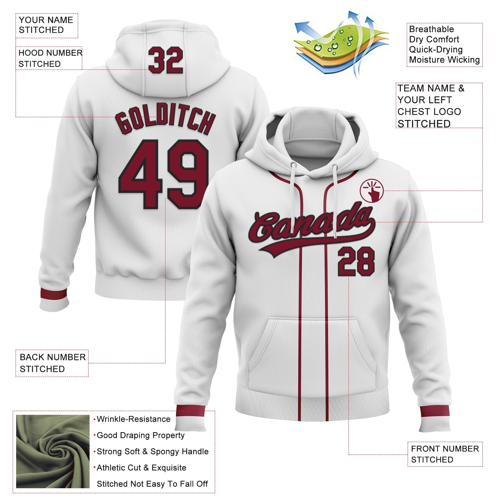 Custom Stitched White Crimson-Black Baseball Pullover Sweatshirt Hoodie