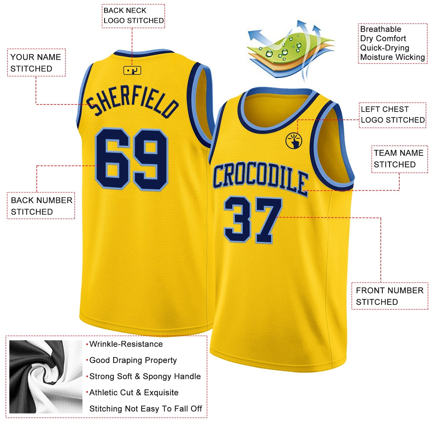 Custom Yellow Navy-Light Blue Authentic Basketball Jersey