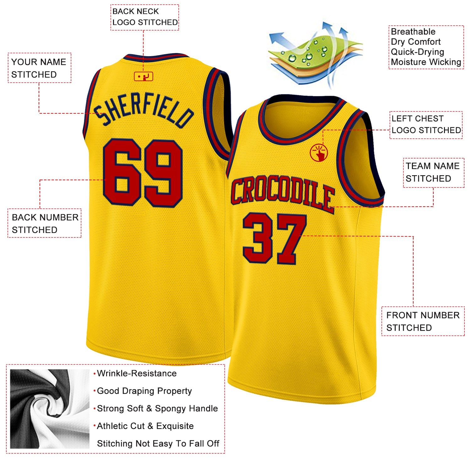 Custom Yellow Red-Navy Authentic Basketball Jersey